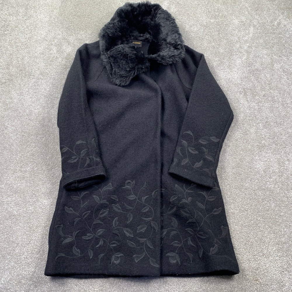 CLEMENTS RIBEIRO Black Embroidered Wool Blend Coat Faux‎ Fur Collar Size M